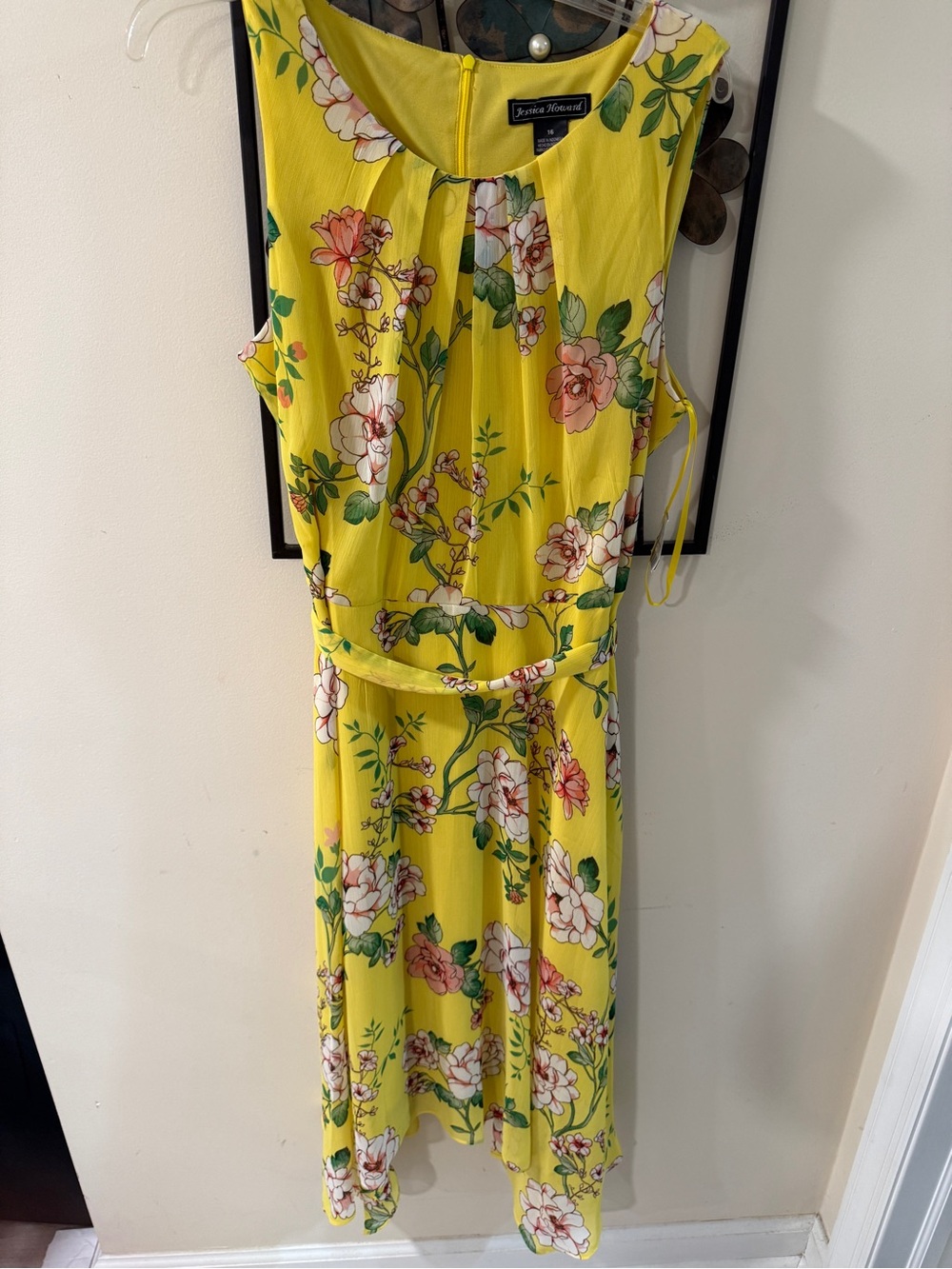 Jessica Howard Yellow Floral Sleeveless Dress with Pink and Green Accents